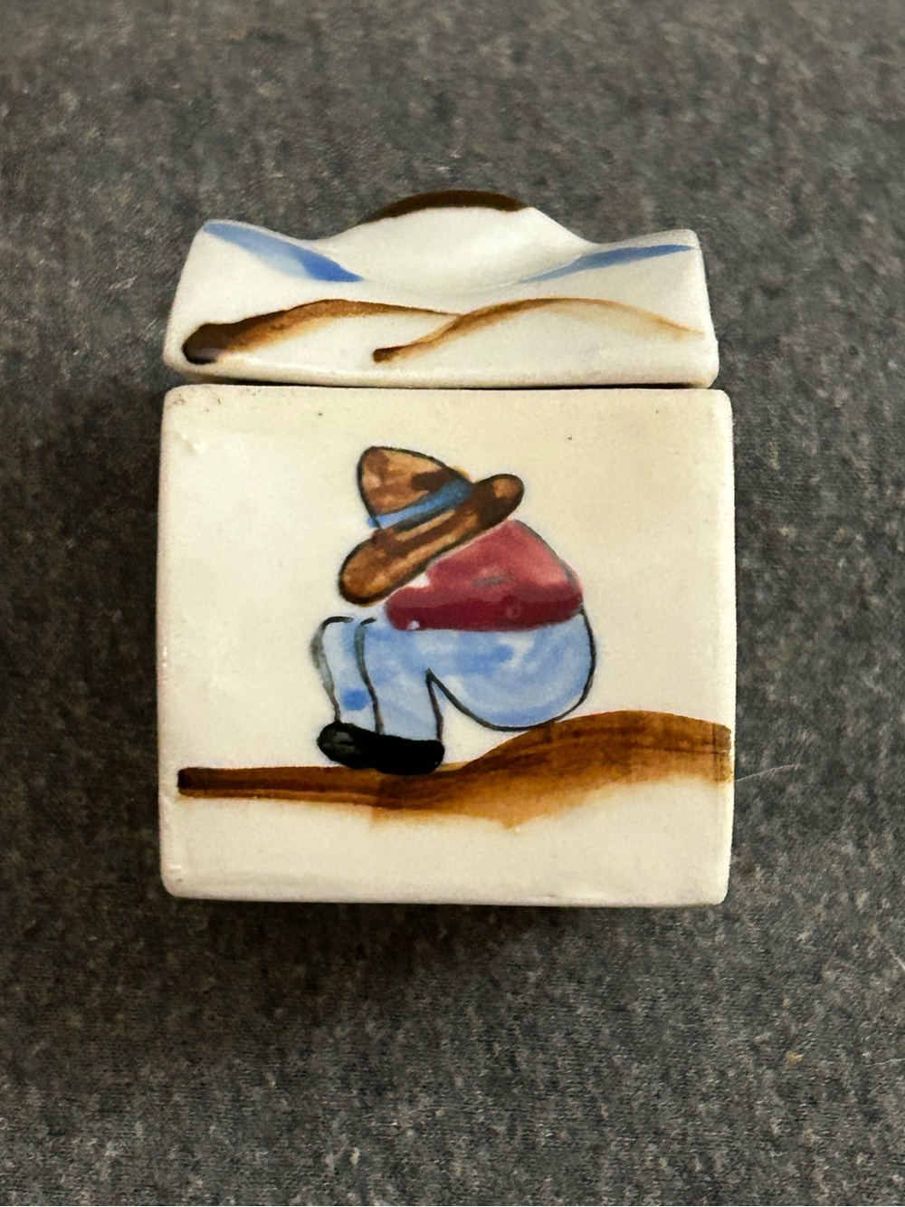 Vintage Hand-Painted Ceramic Trinket Box with Siesta Farmer Motif